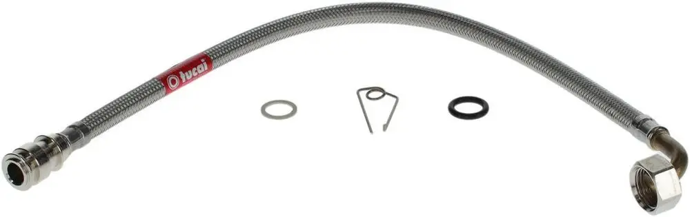 Flexibles Rohr mit Edelstahlummantelung und zwei Anschlüssen. Dazu gehören Dichtungen und ein Halteclip. Produkt von Bosch.